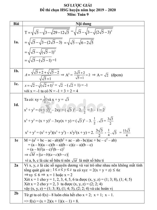 Đề thi học sinh giỏi lớp 9 môn Toán Phòng GD&ĐT Thạch Hà năm học 2019 - 2020