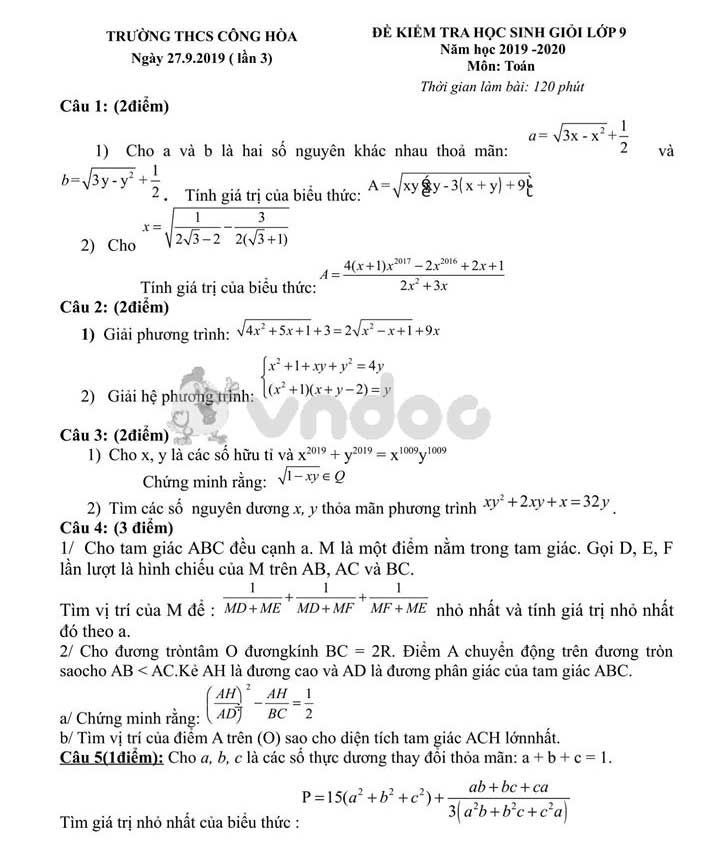 Đề thi học sinh giỏi lớp 9 môn Toán Trường THCS Công Hòa năm học 2019 - 2020 (lần 3)