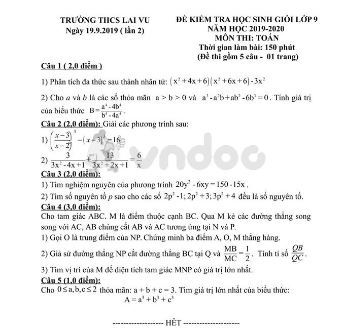 Đề thi học sinh giỏi lớp 9 môn Toán Trường THCS Lai Vu năm học 2019 - 2020 (lần 2)