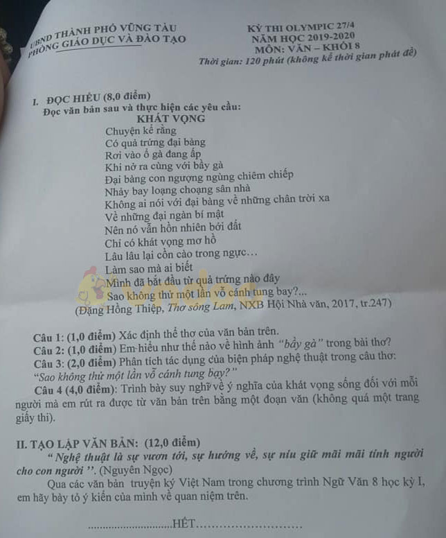 Đề thi Olympic lớp 8 môn Ngữ văn Phòng GD&ĐT TP Vũng Tàu năm 2019 - 2020
