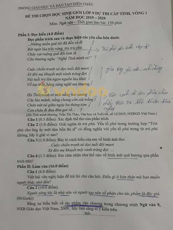 Đề thi học sinh giỏi lớp 9 môn Ngữ văn Phòng GD&ĐT Diễn Châu năm học 2019 - 2020 (vòng 1)