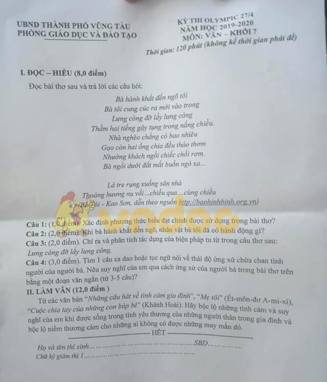 Đề thi olympic Ngữ văn 7 năm 2019 - 2020