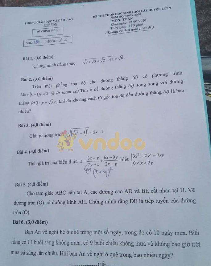Đề thi học sinh giỏi lớp 9 môn Toán Phòng GD&ĐT Phú Tân năm học 2019 - 2020