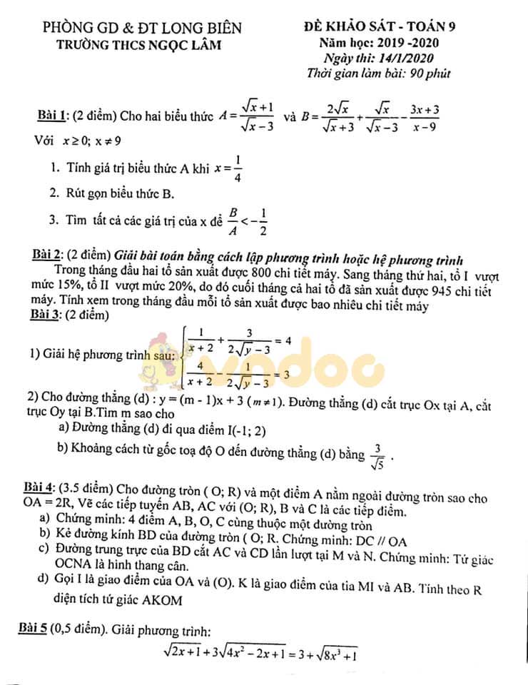 Đề thi KSCL lớp 9 môn Toán Trường THCS Ngọc Lâm, Long Biên năm học 2019 - 2020