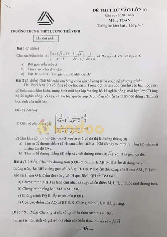 Đề thi thử vào lớp 10 môn Toán trường THCS & THPT Lương Thế Vinh năm học 2020 - 2021