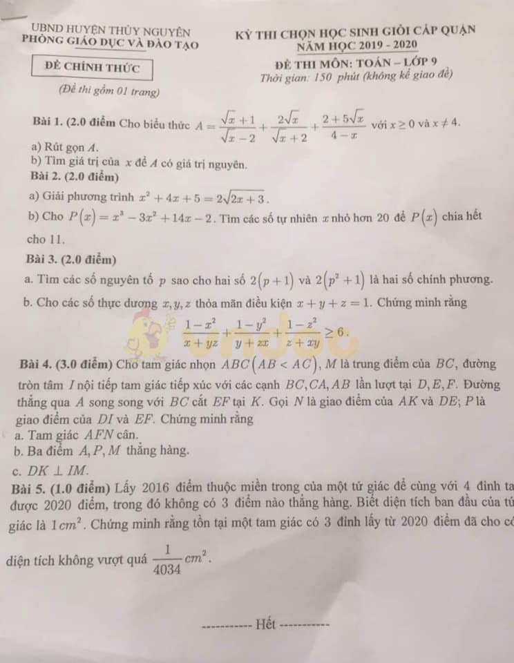 Đề thi học sinh giỏi lớp 9 môn Toán Phòng GD&ĐT huyện Thủy Nguyên năm học 2019 - 2020