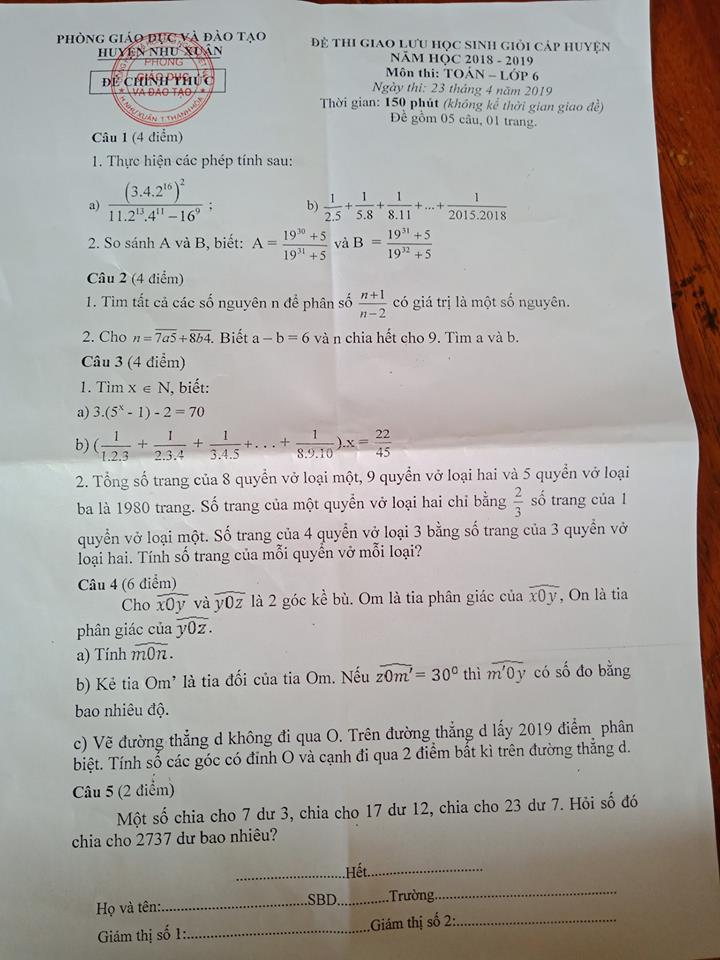 Đề thi HSG môn Toán lớp 6