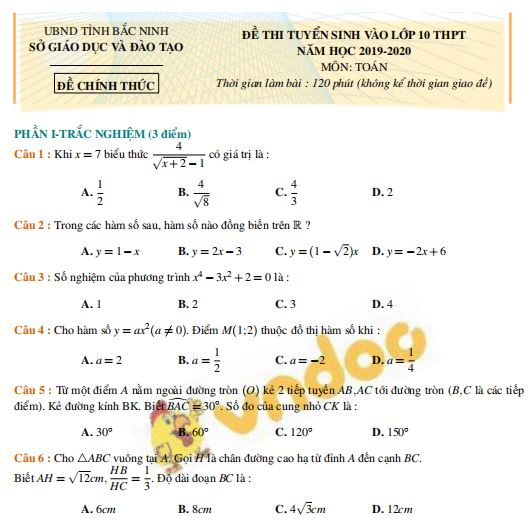 Bộ đề thi tuyển sinh vào lớp 10 môn Toán năm học 2019 - 2020