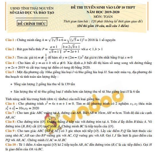 Bộ đề thi tuyển sinh vào lớp 10 môn Toán năm học 2019 - 2020
