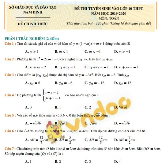 Bộ đề thi tuyển sinh vào lớp 10 môn Toán năm học 2019 - 2020