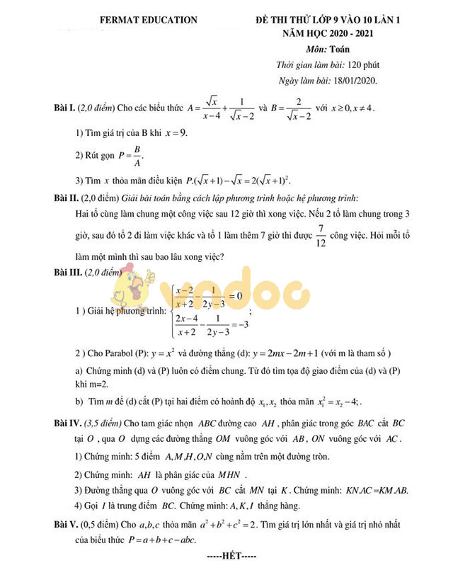 Đề thi thử vào lớp 10 môn Toán năm học 2020 - 2021 (lần 1)