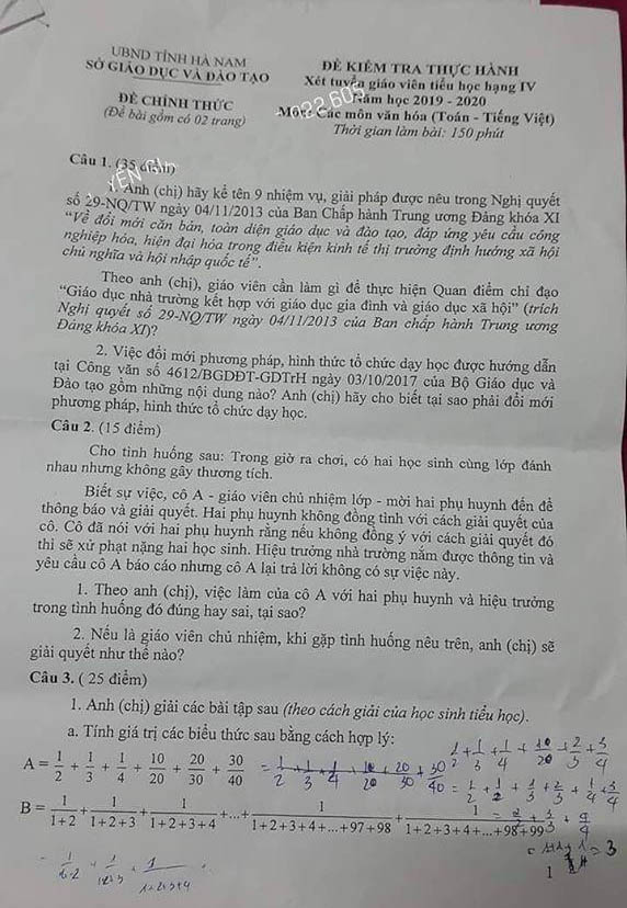 Đề thi giáo viên tiểu học