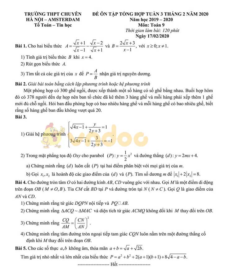 Đề cương ôn tập môn Toán lớp 9 tuần 3 trường THPT Chuyên Hà Nội - Amsterdam năm học 2019 - 2020