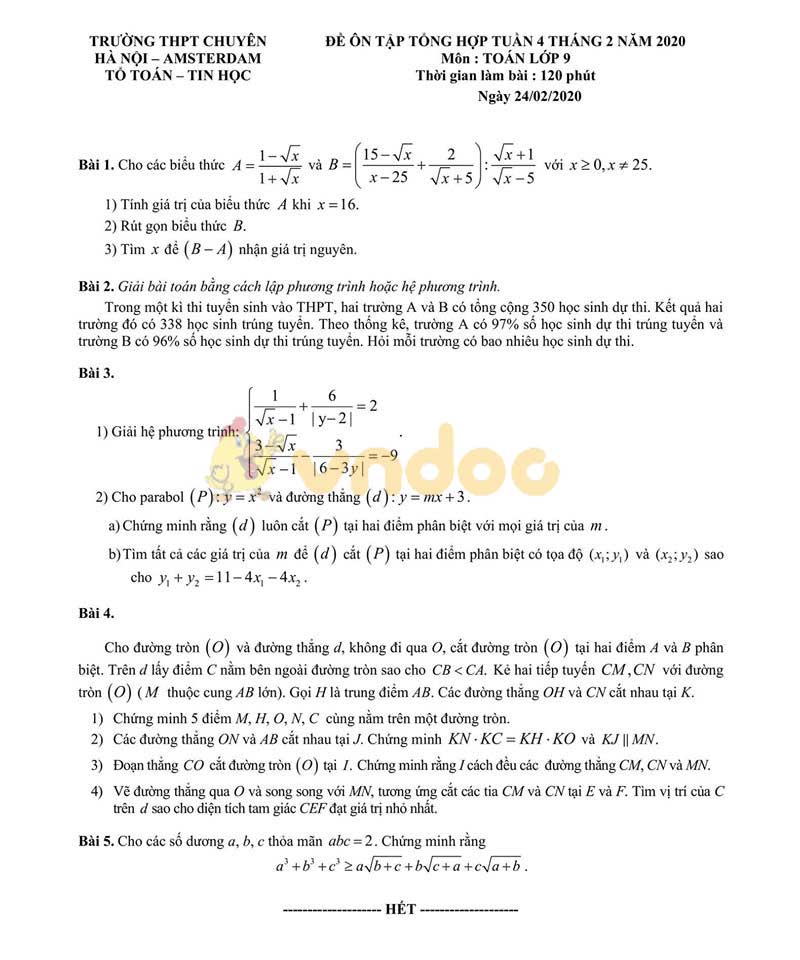 Đề cương ôn tập môn Toán lớp 9 tuần 4 trường THPT Chuyên Hà Nội - Amsterdam năm học 2019 - 2020