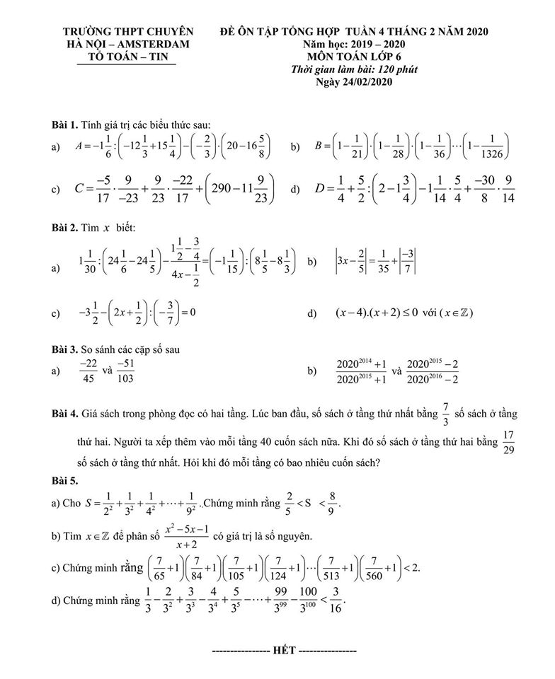 Đề ôn tập môn Toán lớp 6