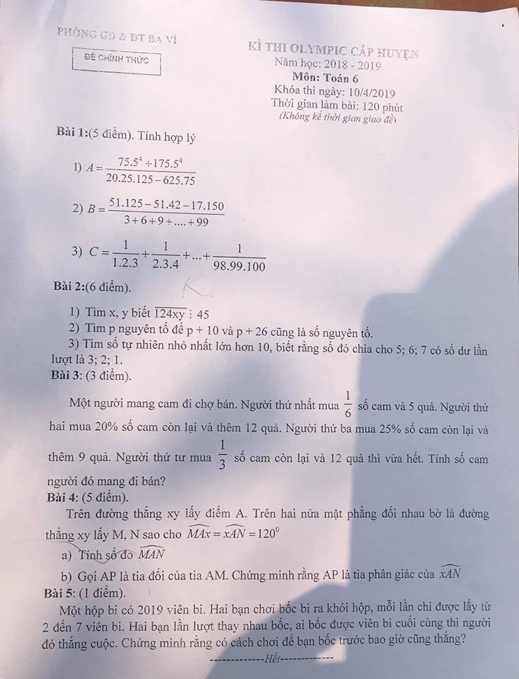 Đề thi Olympic cấp huyện môn Toán lớp 6