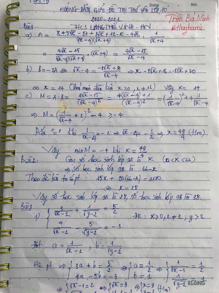 Đề thi thử vào lớp 10 môn Toán trường THCS & THPT Lương Thế Vinh năm học 2020 - 2021