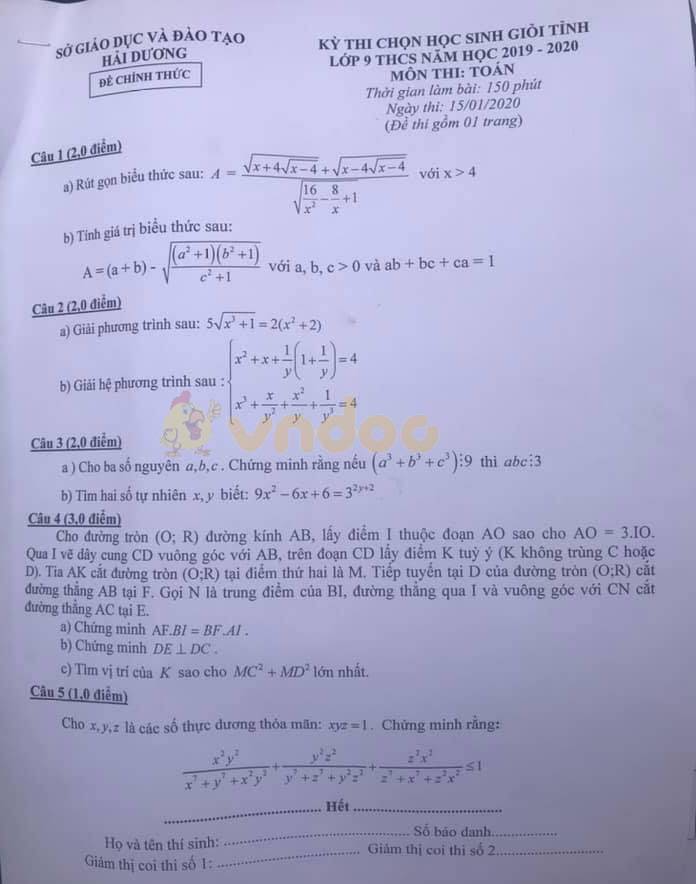 Đề thi học sinh giỏi lớp 9 môn Toán Sở GD&ĐT Hải Dương năm học 2019 - 2020