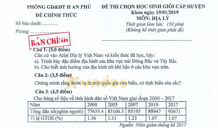 Đề thi học sinh giỏi cấp huyện lớp 9 môn Địa lý Phòng GD&ĐT huyện An Phú năm học 2019 - 2020