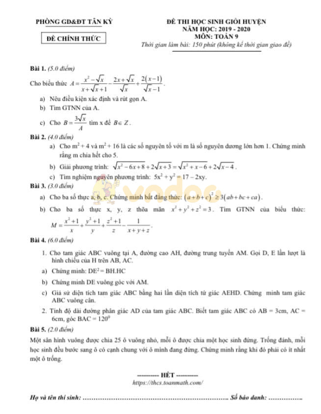 Đề thi học sinh giỏi cấp huyện lớp 9 môn Toán Phòng GD&ĐT Tân Kỳ, Nghệ An năm học 2019 - 2020