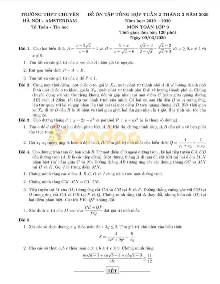 Đề cương ôn tập môn Toán lớp 9 tuần 2 tháng 3 trường THPT Chuyên Hà Nội - Amsterdam năm học 2019 - 2020