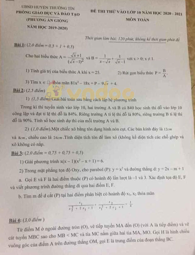 Đề thi thử vào lớp 10 môn Toán Phòng GD&ĐT huyện Thường Tín năm học 2020 - 2021