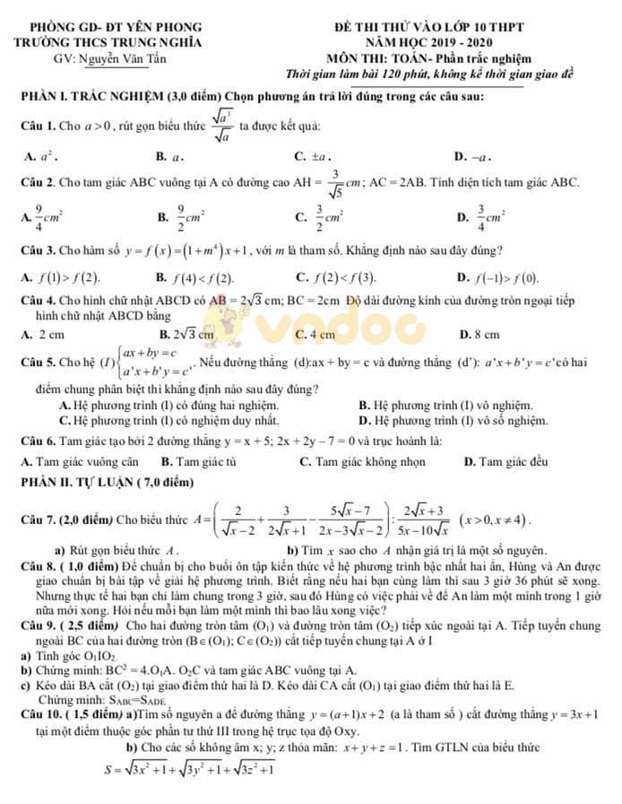Đề thi thử vào lớp 10 môn Toán Trường THCS Trung Nghĩa, Yên Phong năm học 2019 - 2020
