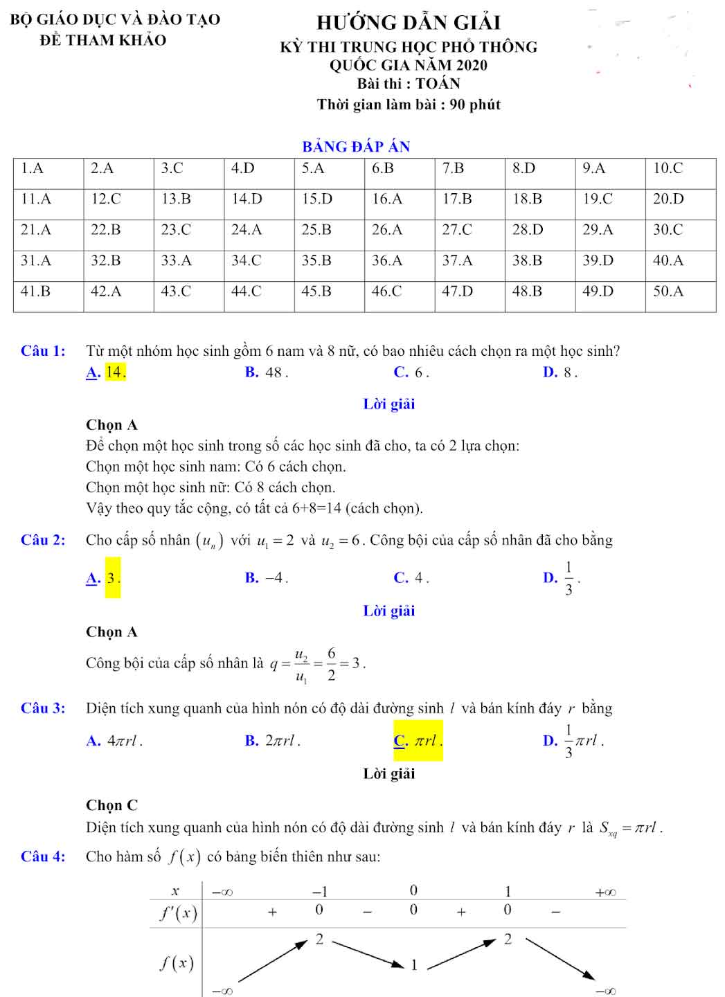 Đáp án đề minh họa Toán