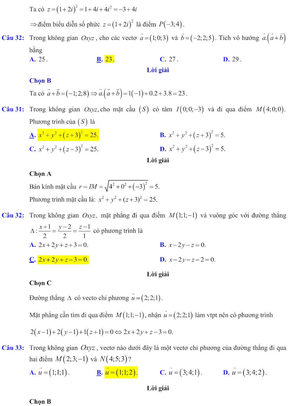 Đáp án đề minh họa Toán