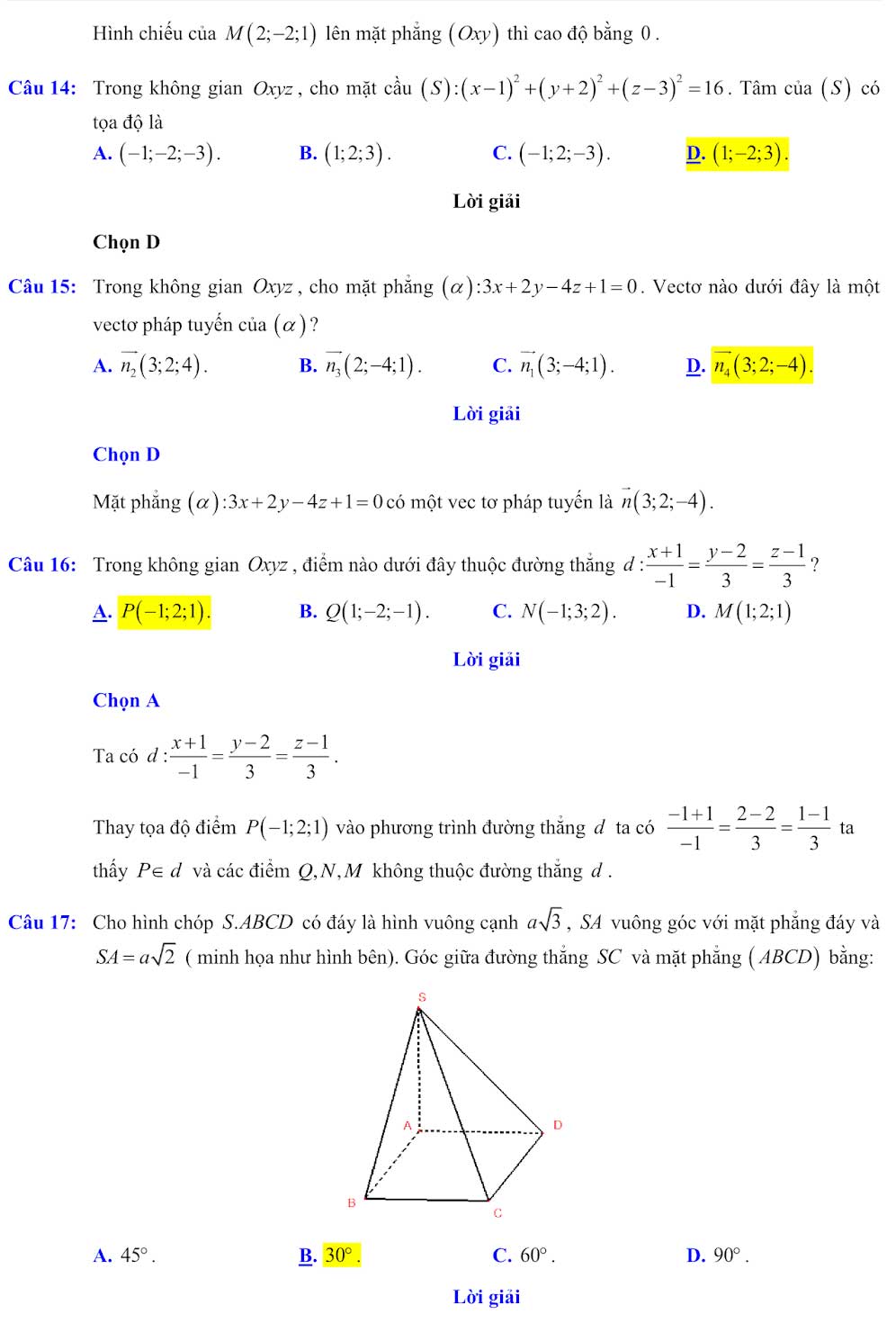 Đáp án đề minh họa Toán