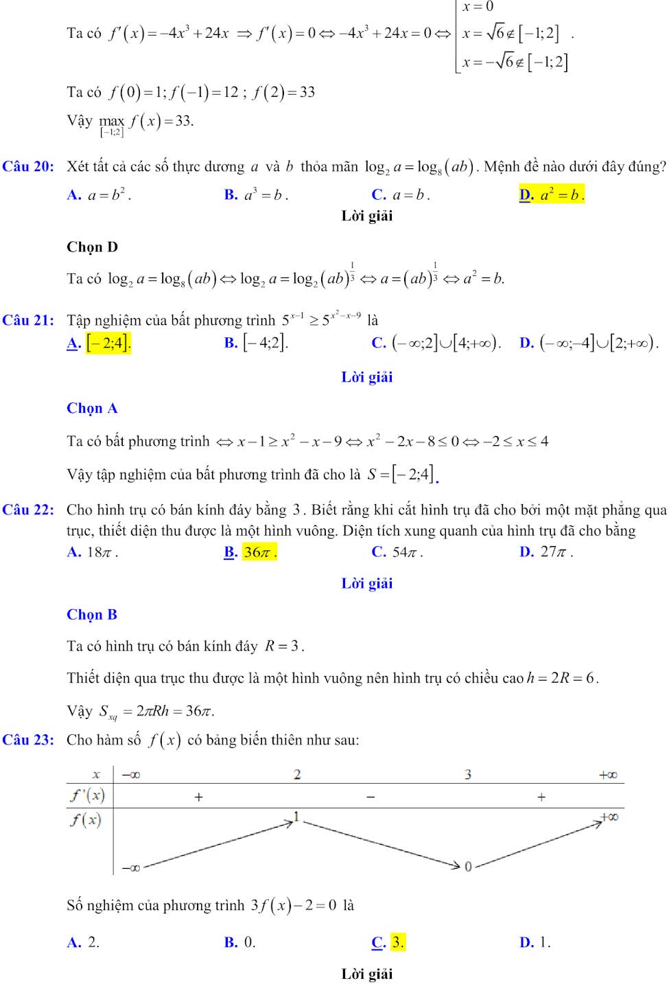 Đáp án đề minh họa Toán