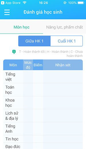 Kết quả học tập, bảng điểm trên PINO