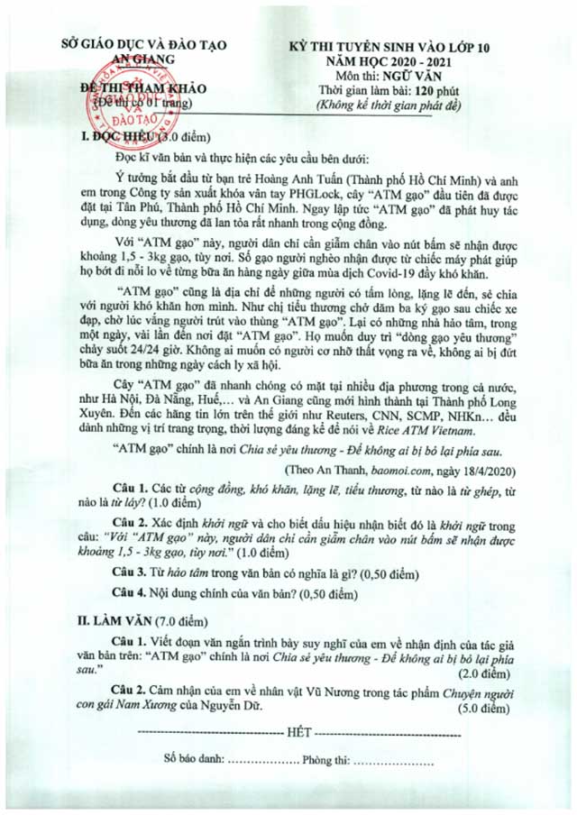 Đề thi tham khảo vào lớp 10 môn Ngữ văn Sở GD&ĐT An Giang năm học 2020 - 2021