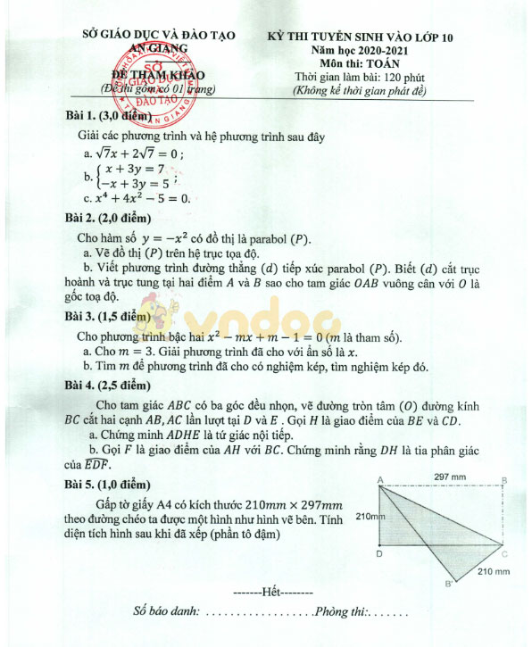 Đề thi tham khảo vào lớp 10 môn Toán Sở GD&ĐT An Giang năm học 2020 - 2021