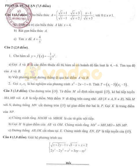 Đề thi minh họa vào lớp 10 môn Toán Sở GD&ĐT Phú Thọ năm học 2020 - 2021