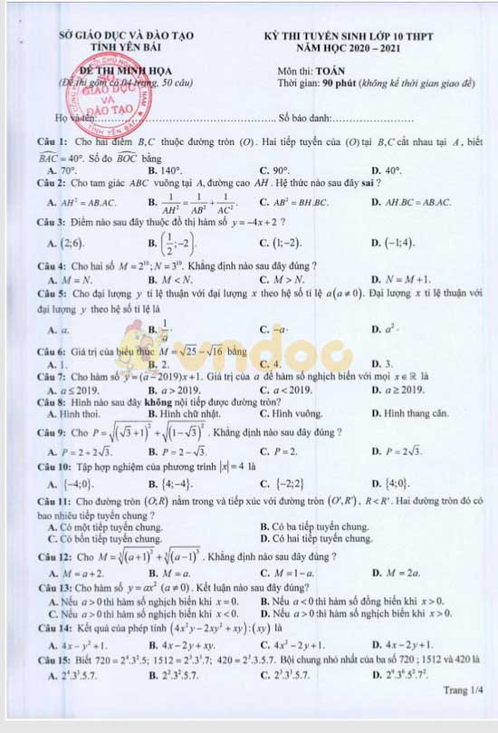 Đề thi minh họa vào lớp 10 môn Toán Sở GD&ĐT Yên Bái năm học 2020 - 2021