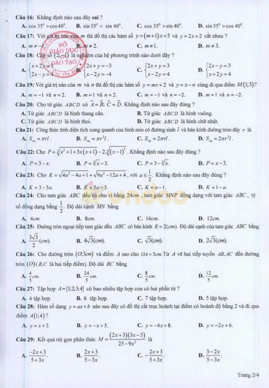 Đề thi minh họa vào lớp 10 môn Toán Sở GD&ĐT Yên Bái năm học 2020 - 2021