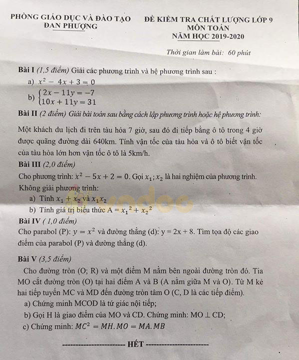 Đề kiểm tra chất lượng lớp 9 môn Toán Phòng GD&ĐT Đan Phượng năm học 2019 - 2020