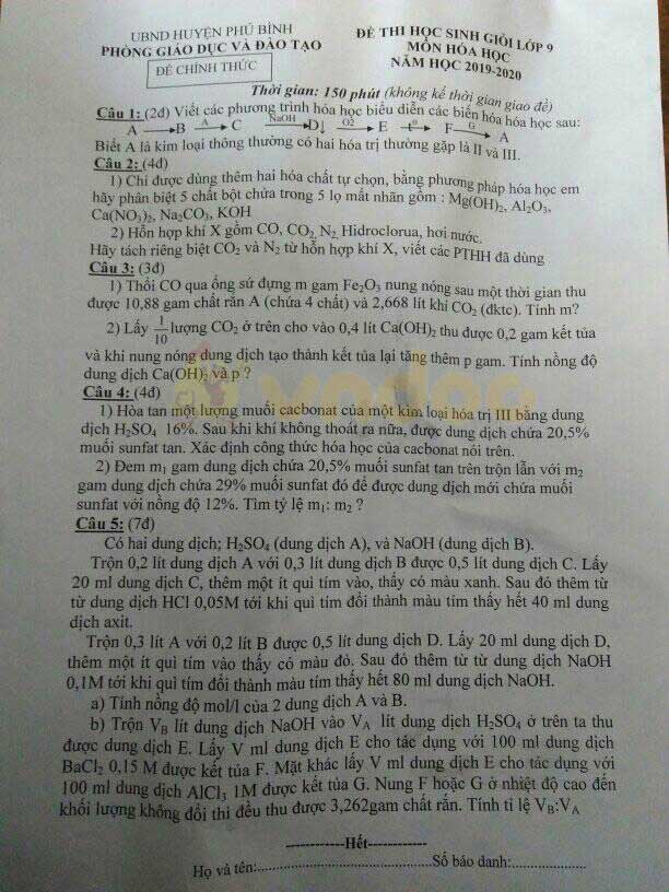 Đề thi chọn học sinh giỏi lớp 9 môn Hóa học Phòng GD&ĐT huyện Phú Bình, Thái Nguyên năm học 2019 - 2020