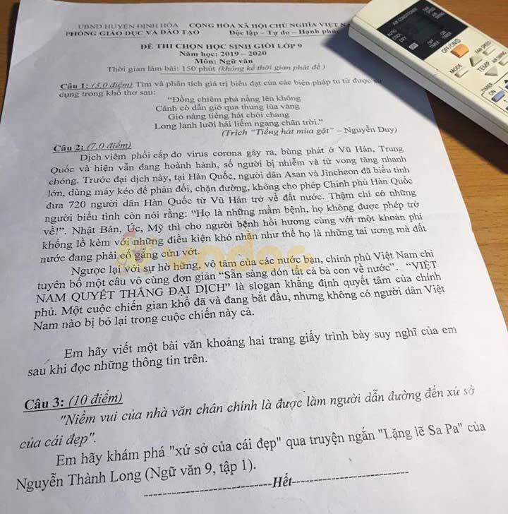 Đề thi học sinh giỏi lớp 9 môn Ngữ văn Phòng GD&ĐT huyện Định Hóa, Thái Nguyên năm học 2019 - 2020