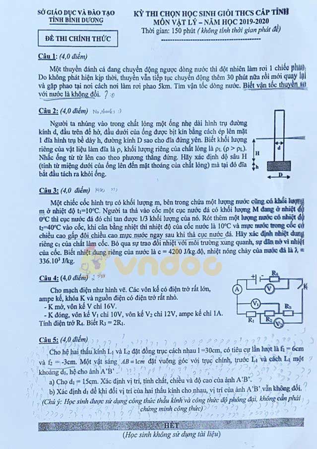 Đề thi chọn học sinh giỏi lớp 9 môn Vật lý Sở GD&ĐT Bình Dương năm 2019 - 2020