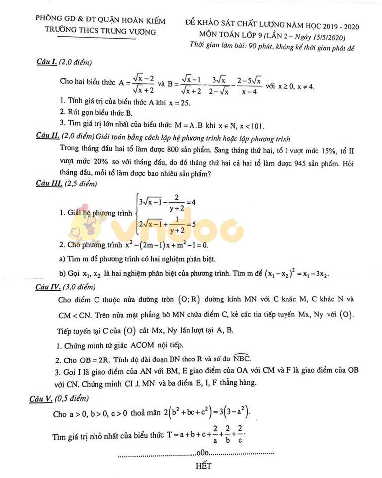 Đề thi khảo sát chất lượng lớp 9 môn Toán trường THCS Trưng Vương, Hoàn Kiếm năm học 2019 - 2020 - Lần 2
