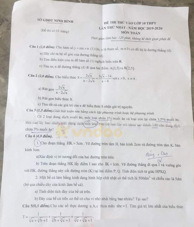 Đề thi thử vào lớp 10 môn Toán Sở GD&ĐT Ninh Bình năm học 2019- 2020