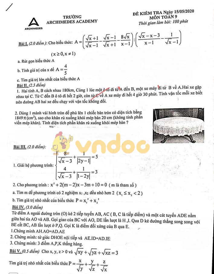 Đề kiểm tra lớp 9 môn Toán Trường THCS Archimedes Academy năm học 2019 - 2020