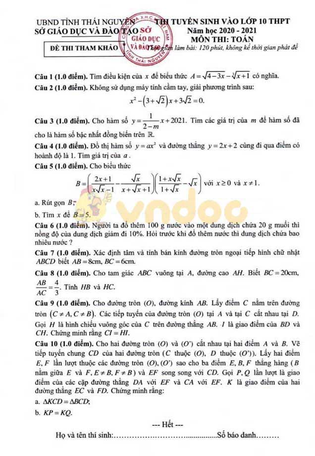 Đề thi minh họa vào lớp 10 môn Toán Sở GD&ĐT Thái Nguyên năm học 2020 - 2021