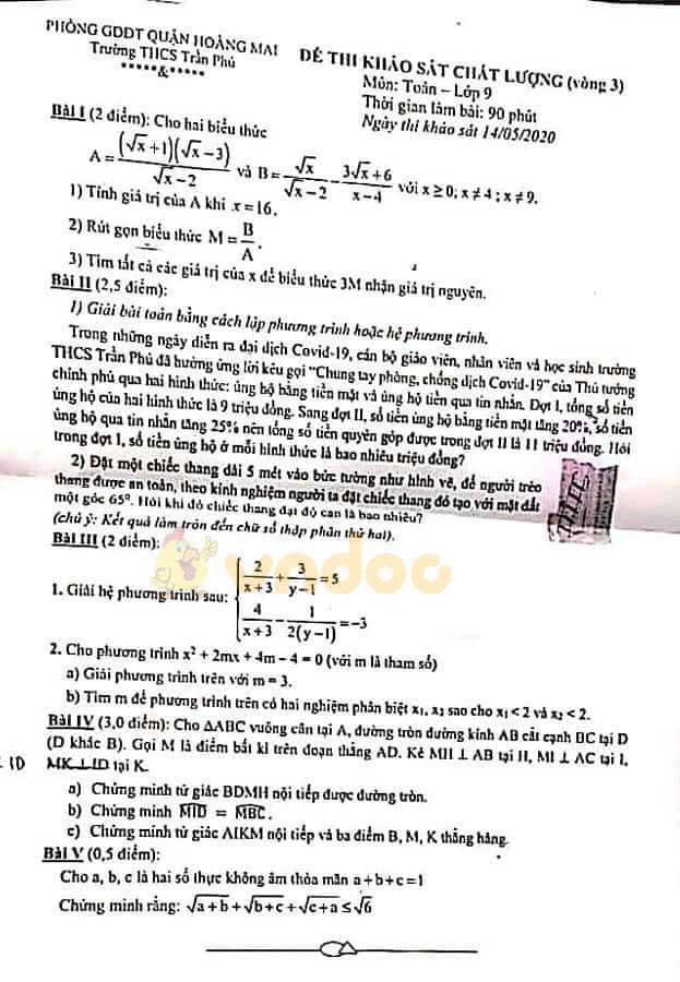 Đề thi KSCL lớp 9 môn Toán Trường THCS Trần Phú, Hoàng Mai năm học 2019 - 2020 (vòng 3)