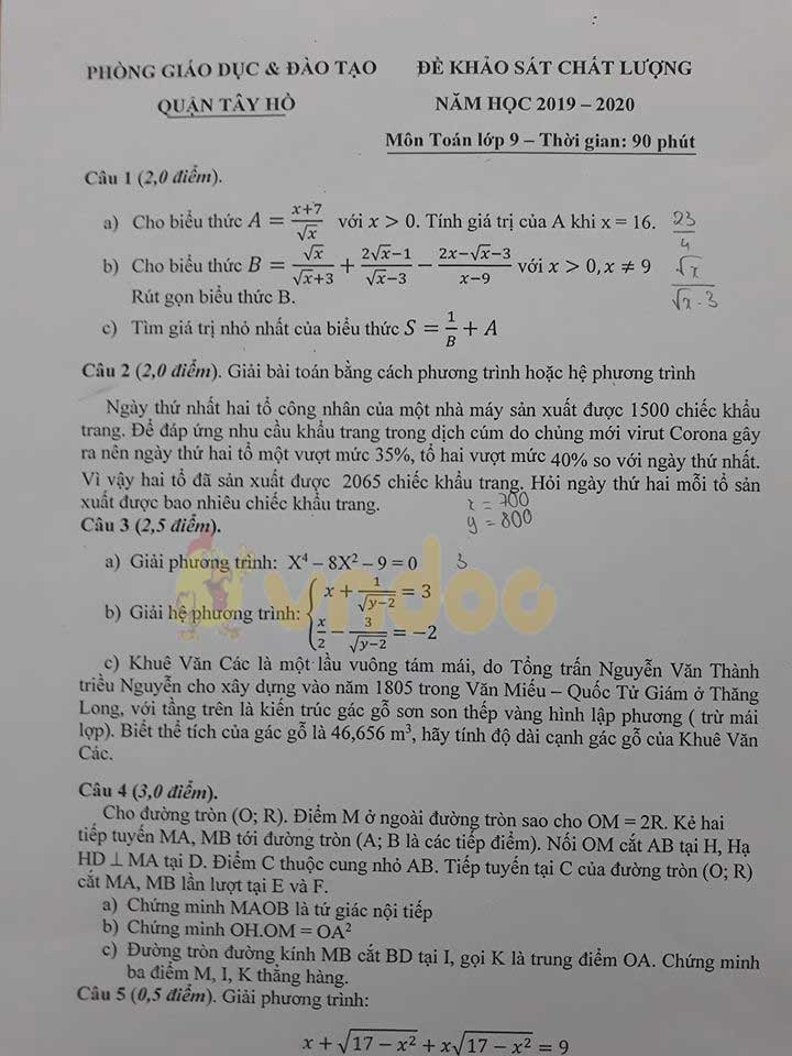 Đề thi KSCL lớp 9 môn Toán Phòng GD&ĐT Tây Hồ năm học 2019 - 2020