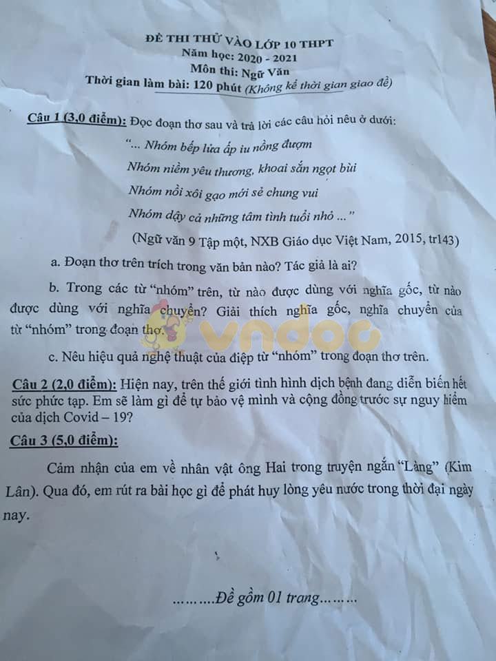 Đề thi thử vào lớp 10 môn Ngữ văn Trường THCS thị trấn Chờ, Bắc Ninh năm học 2020 - 2021