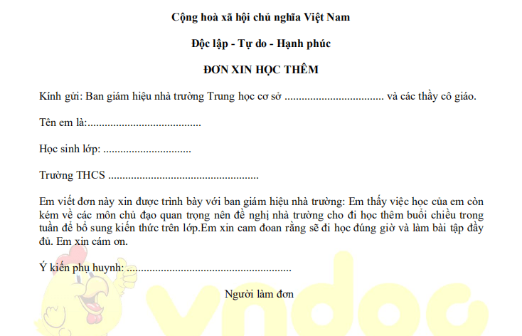 Đơn xin học thêm buổi chiều