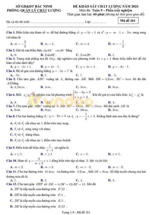 Đề thi khảo sát chất lượng lớp 9 môn Toán Sở GD&ĐT Bắc Ninh năm học 2019 - 2020